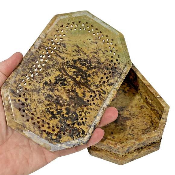 Trinket Jewelry Box & Lid Carve Stone Marble Mother of Pearl Inlay Flower Design - Picture 10 of 11